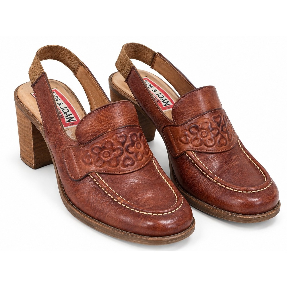 JOS & JOAN Womens 8.5 Brown Leather Slingback Heeled Loafers Floral Boho